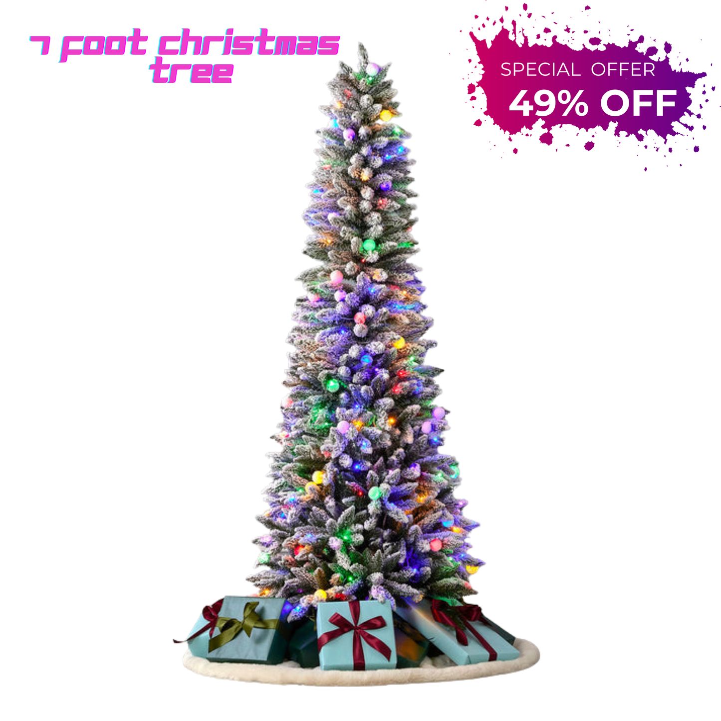7 Foot Slim Snow Kissed Pine Christmas Tree with 250 Multicolor LED Lights