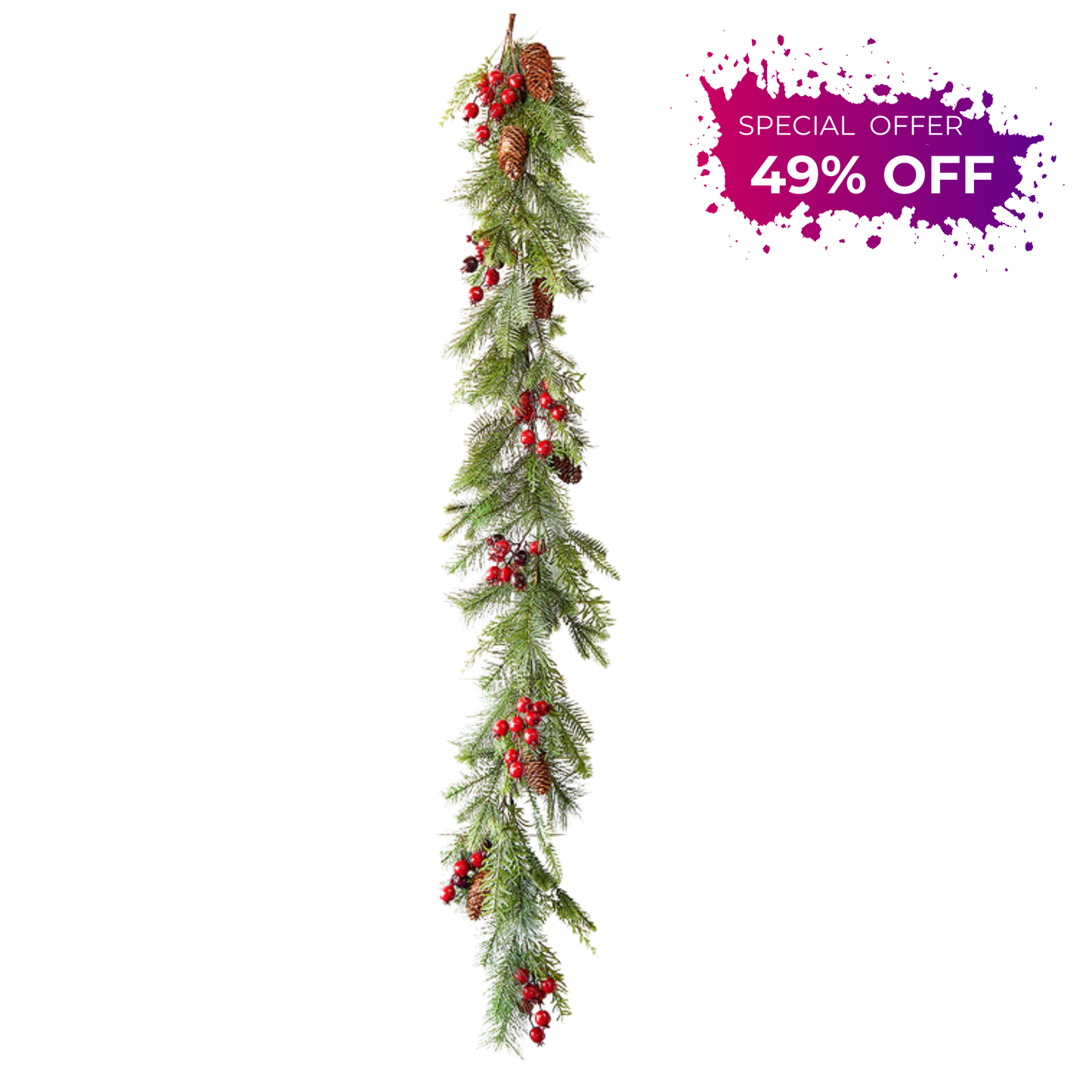 5' Berry Pine Garland with Cones Holiday Greenery for Mantels, Tables & Christmas Decor