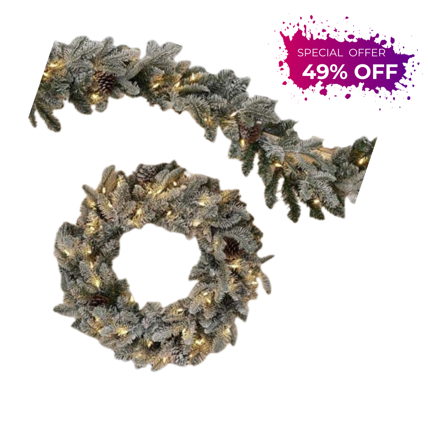 9' Lexington Fir Flocked Garland with Warm White LED Lights Pre-Lit Plug-In Christmas Garland for Mantels, Staircases & Holiday Displays