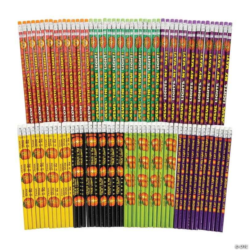 7 1/2" Bulk 96 Pc. Christian Pumpkin Inspirational Multicolor Wood Pencil Assortment
