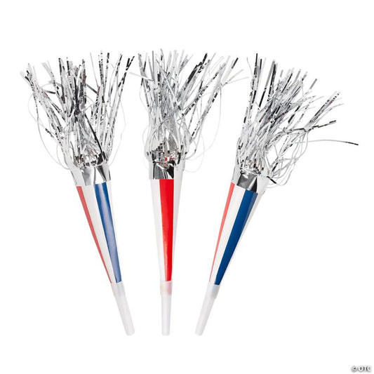 7 1/2" Patriotic Red, White & Blue Fringe Horn with Silver Fringe - 12 Pc.