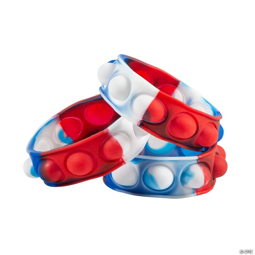 7 1/2" Patriotic Tri-Color Lotsa Pops Pop Fidget Silicone Toy Bracelets – 12 Pc.