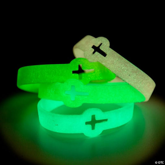 7 1/2" Religious Glow-in-the-Dark Cutout Cross Rubber Bracelets - 12 Pc.