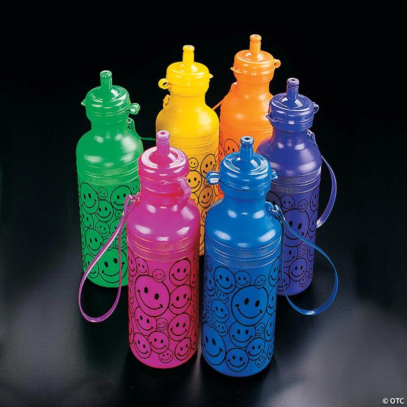 7 1/2" Smile Face Neon BPA-Free Plastic Water Bottles - 12 Ct. | USA Decoration®