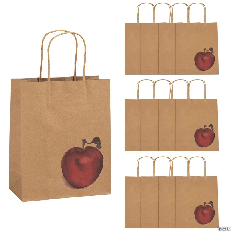 7 1/2" x 9" Medium Fall Festival Apple Kraft Paper Gift Bags - 12 Pc.