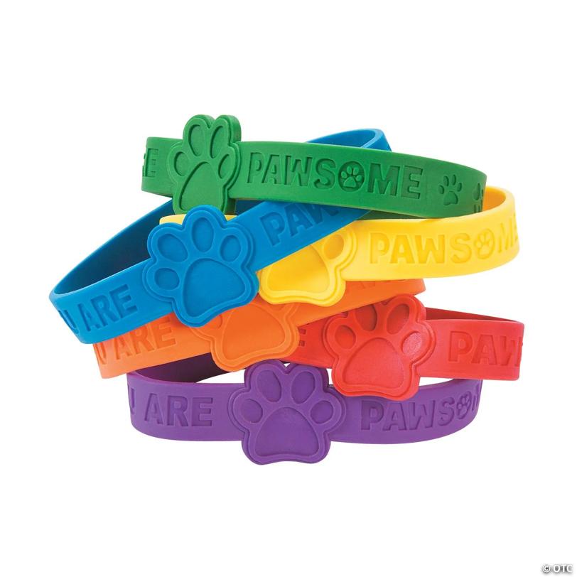 7 1/4" Assorted Color Paw Print Rubber Bracelets - 24 Pc.