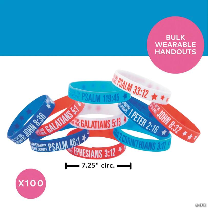 7 1/4" Bulk 100 Pc. Religious Patriotic Bible Verse Silicone Bracelets