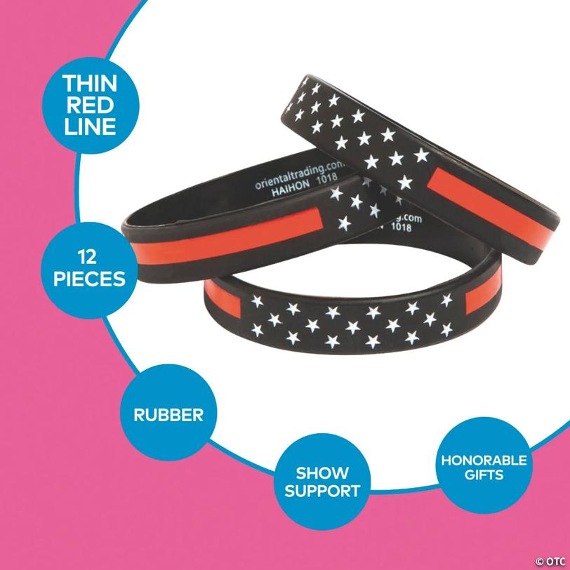 7 1/4" Thin Red Line Firefighter Awareness Rubber Bracelets – 12 Pc.