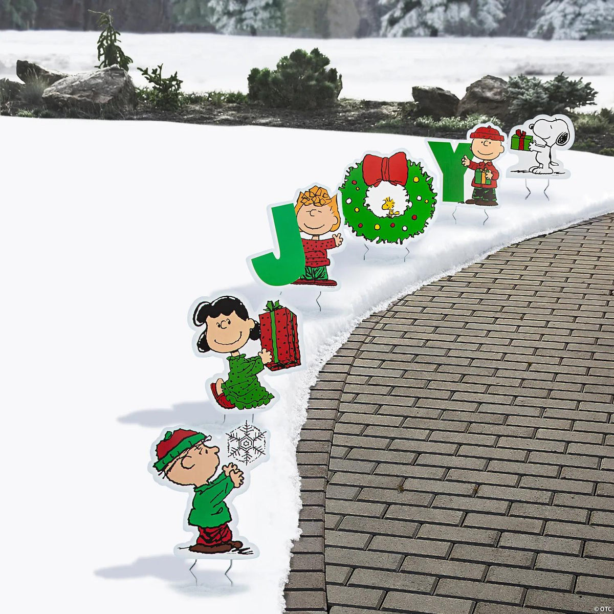Six Peanuts Christmas character plastic sidewalk signs