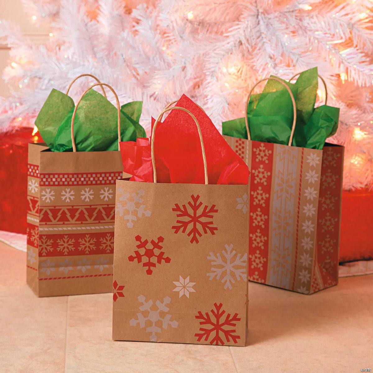 7 1/4" x 9" Medium Red & White Nordic Print Kraft Paper Gift Bags - 12 Pc.