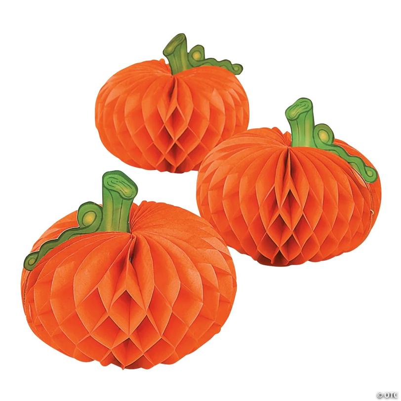 7" 3D Pumpkin Orange Honeycomb Tissue Paper Tabletop Decorations - 6 Pc.
