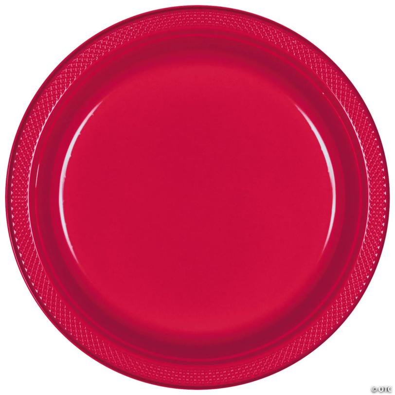7" Apple Red Disposable Round Plastic Dessert Plates - 20 Pieces | USA Decoration®