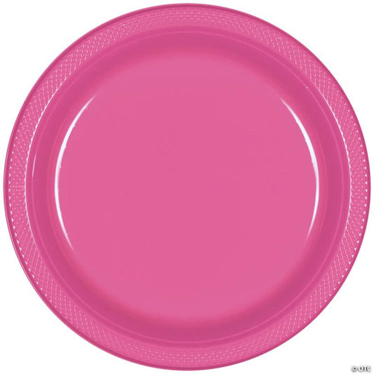 7" Bulk 50 Pieces Bright Pink Disposable Round Plastic Dessert Plates | USA Decoration®