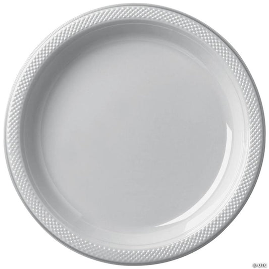 7" Bulk 50 Pieces Silver Disposable Round Plastic Dessert Plates with Textured Rim | USA Decoration®