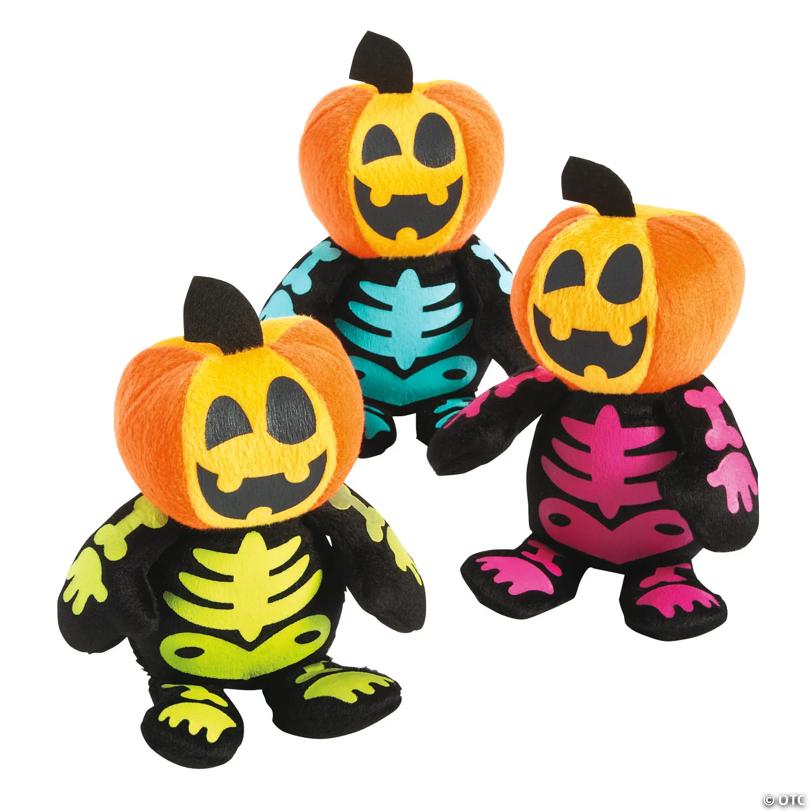 7" Halloween Spookadelic Stuffed Skeletons with Jack-O'-Lantern Head - 12 Pc.