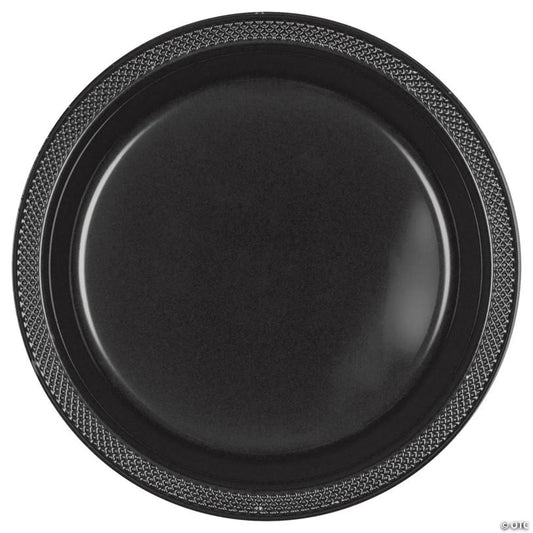 7" Jet Black Disposable Round Plastic Dessert Plates - 20 Pieces | USA Decoration®