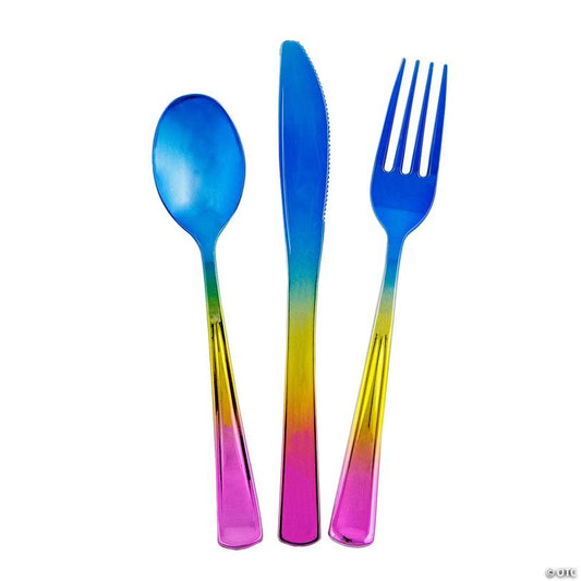 7" Rainbow Metallic Fork, Knife and Spoon Plastic Cutlery Sets - 24 Ct. | USA Decoration®