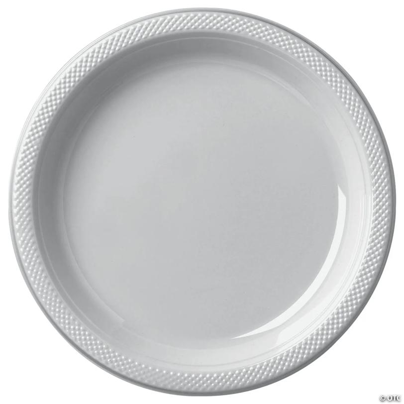 7" Silver Disposable Round Plastic Dessert Plates with Textured Rim - 20 Pieces | USA Decoration®