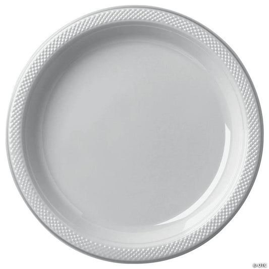 7" Silver Disposable Round Plastic Dessert Plates with Textured Rim - 20 Pieces | USA Decoration®