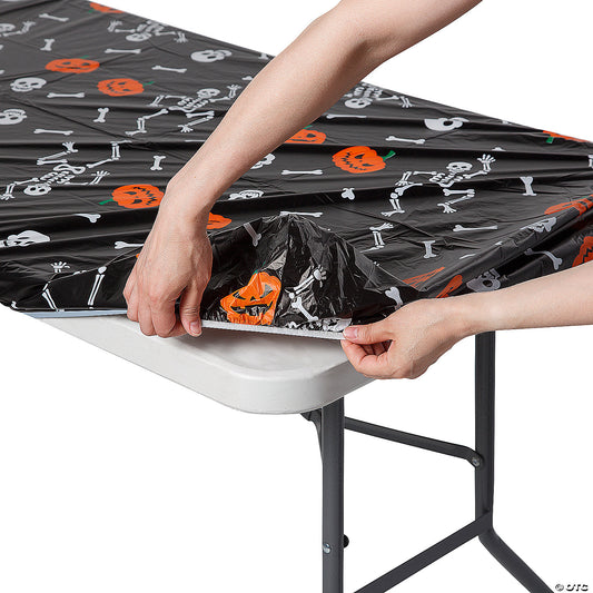 8 Ft. Halloween Jack-O'-Lanterns & Bones Fitted Plastic Tablecloth | USA Decoration®