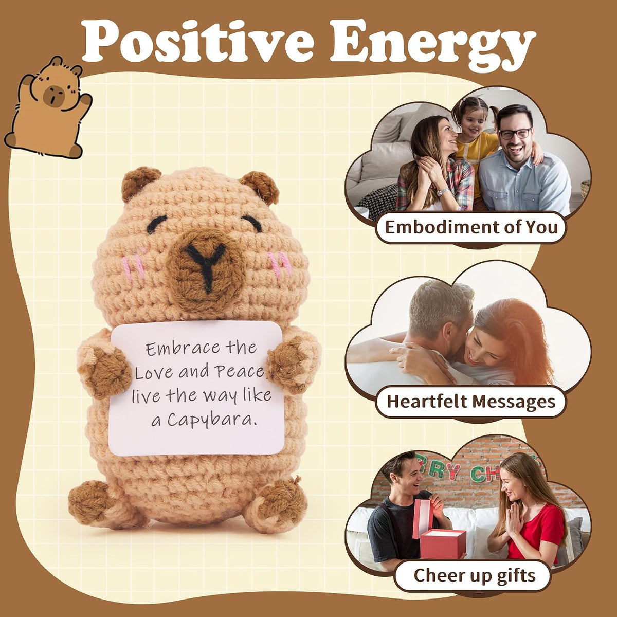 Capybara Gifts, Positive Crochet Animals Capybara, Knitted Wool Capybara Toy with Positive Card, Cheer Up for Friends, Women, Girls and Boys as Birthday Christmas