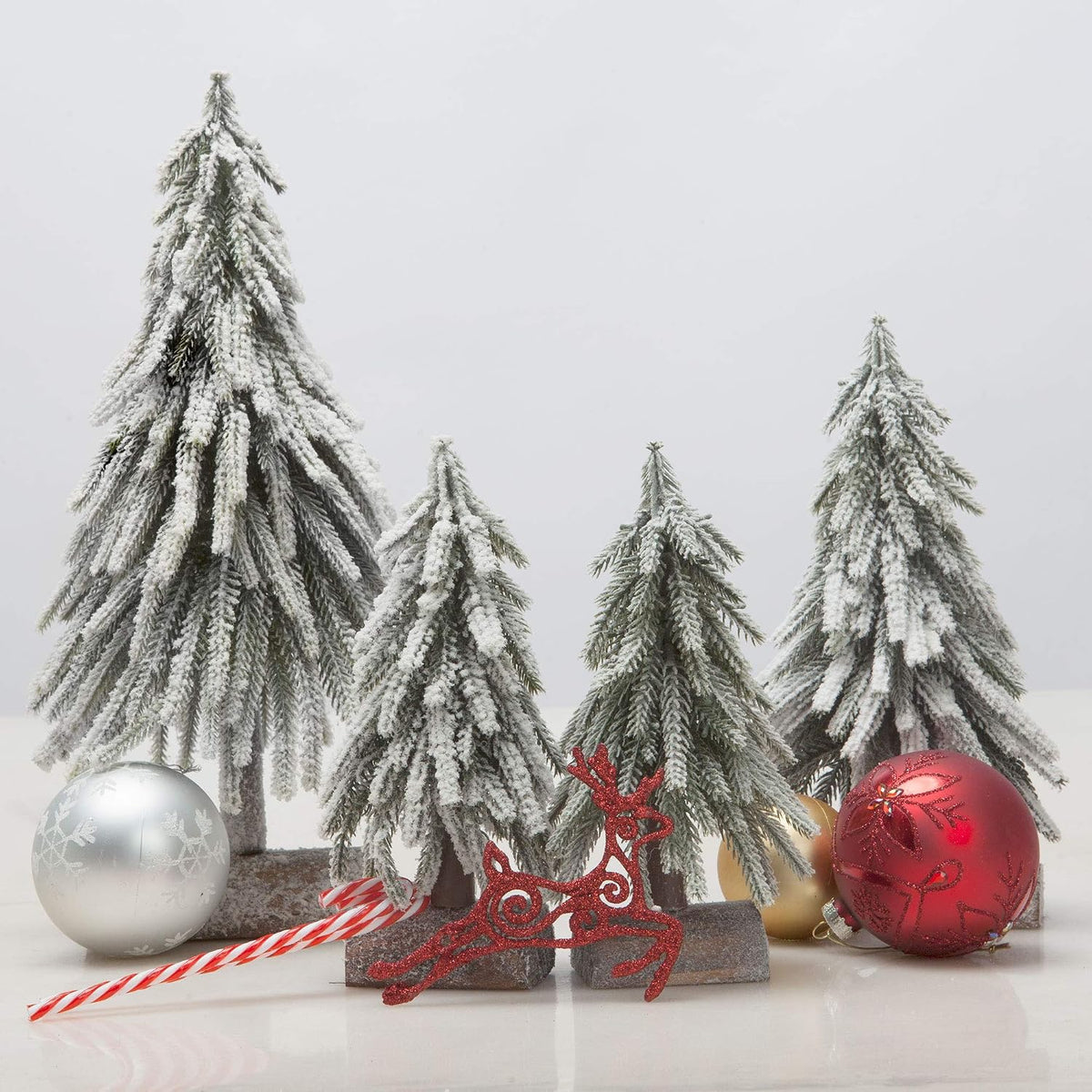 4pcs Mini Christmas Tree Small Separate Spray Snow Christmas Tree with Wooden Bases for Tabletop Winter Village Holiday Decorations