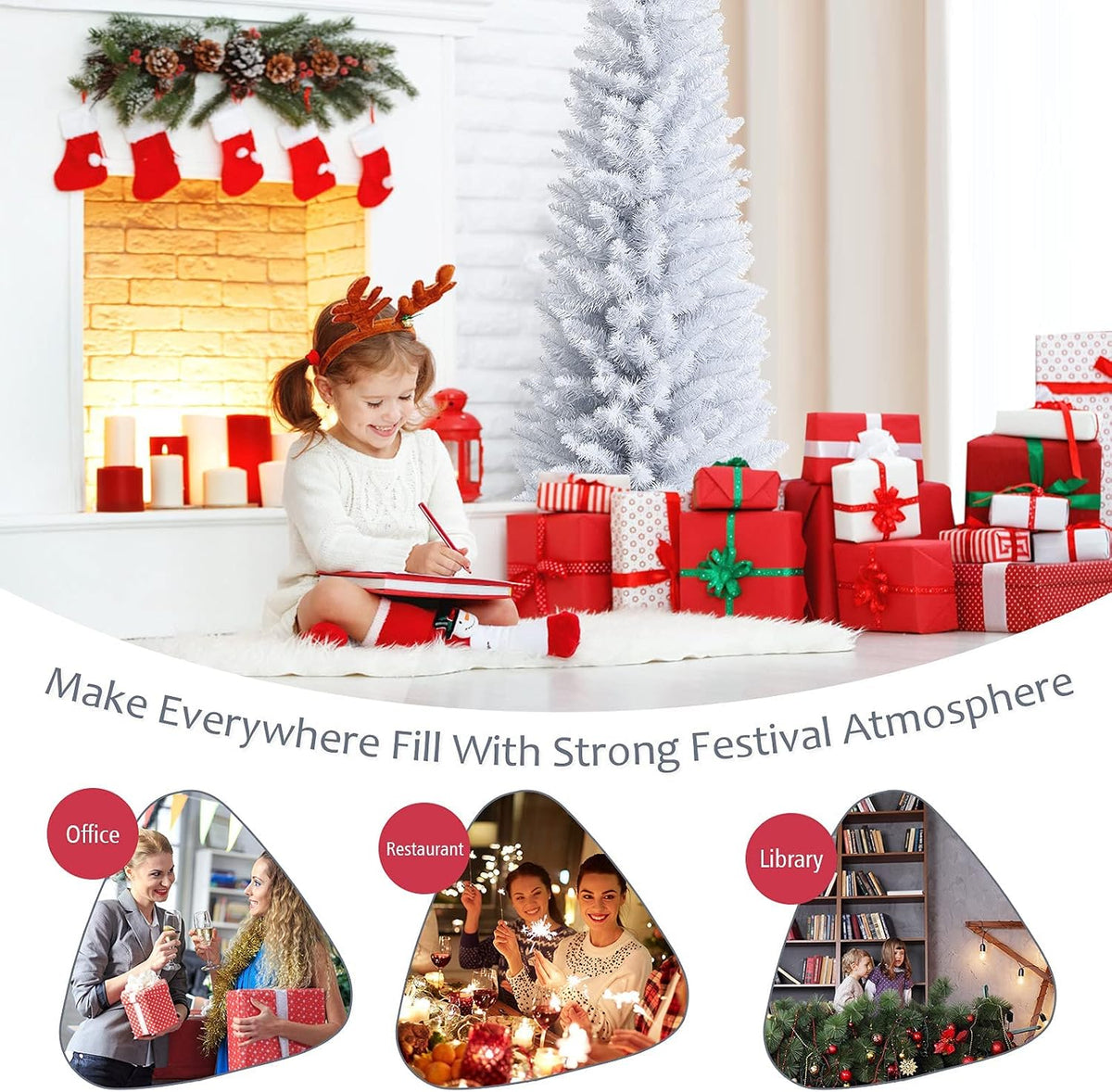 5FT White Pencil Christmas Tree, Artificial Christmas Tree w/Premium PVC Needles, Pine Tree w/Solid Metal Stand, Ideal for Home, Office, Shops, Holiday Decoration