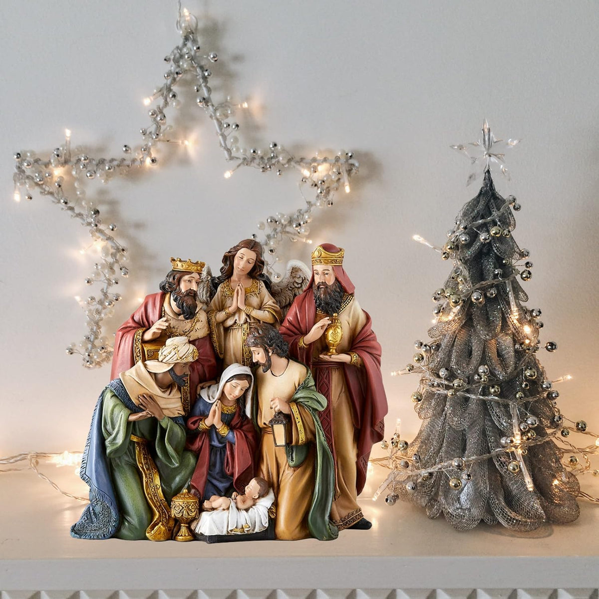Christmas Nativity Sets Indoor Home Decor Figurine, Hand Sculpted Manger Scene Religious Christmas Table Top Decorations for Holidays, 8.75 Inches