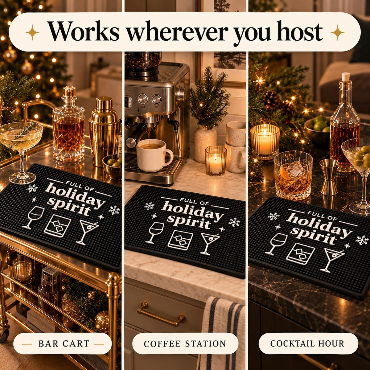 Christmas Bar Mat, Full of Holiday Spirit Bar Cart Decor, 18 x 12 in Rubber