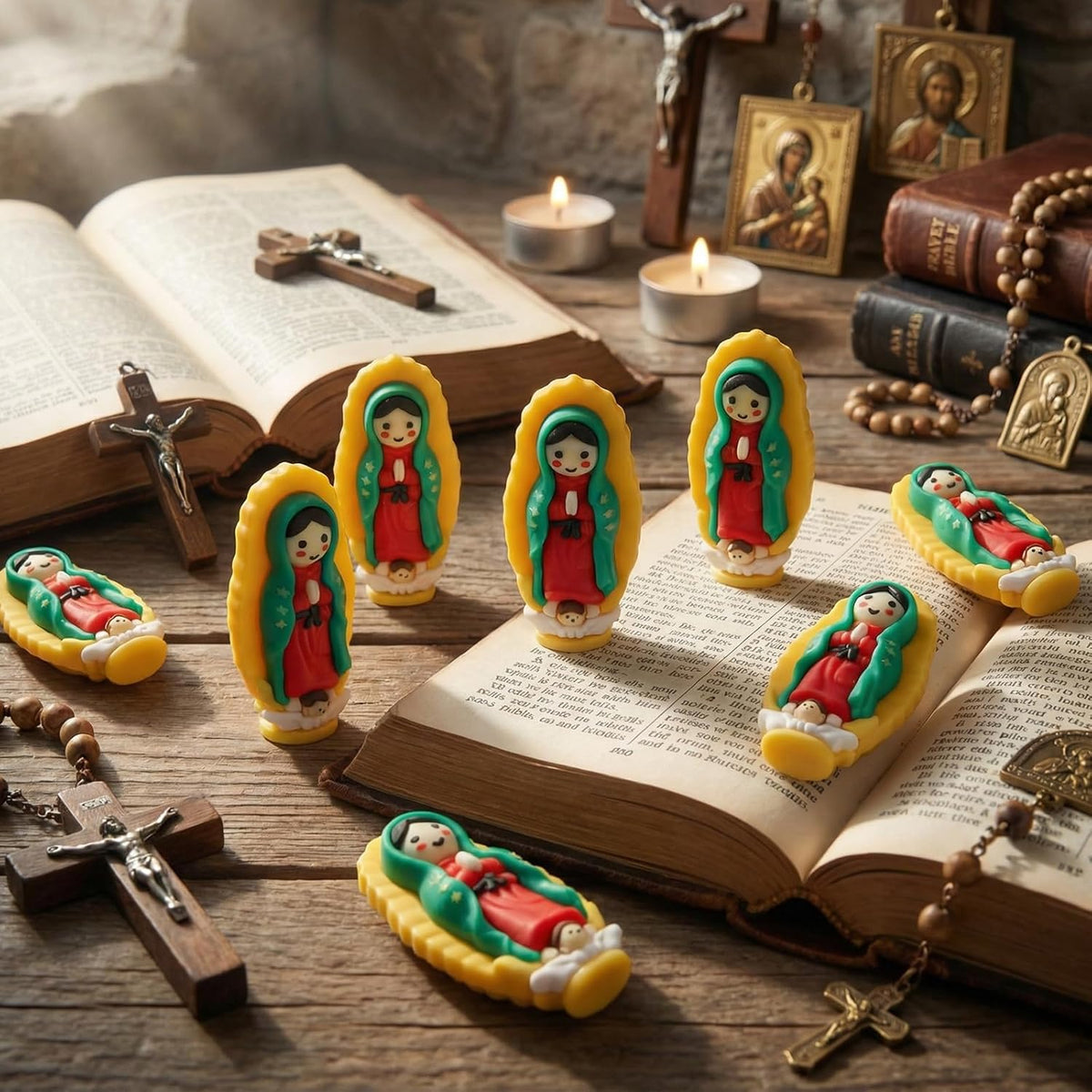 Mini Virgin Mary Figurines, Our Lady of Guadalupe, Yellow, 50 Pack