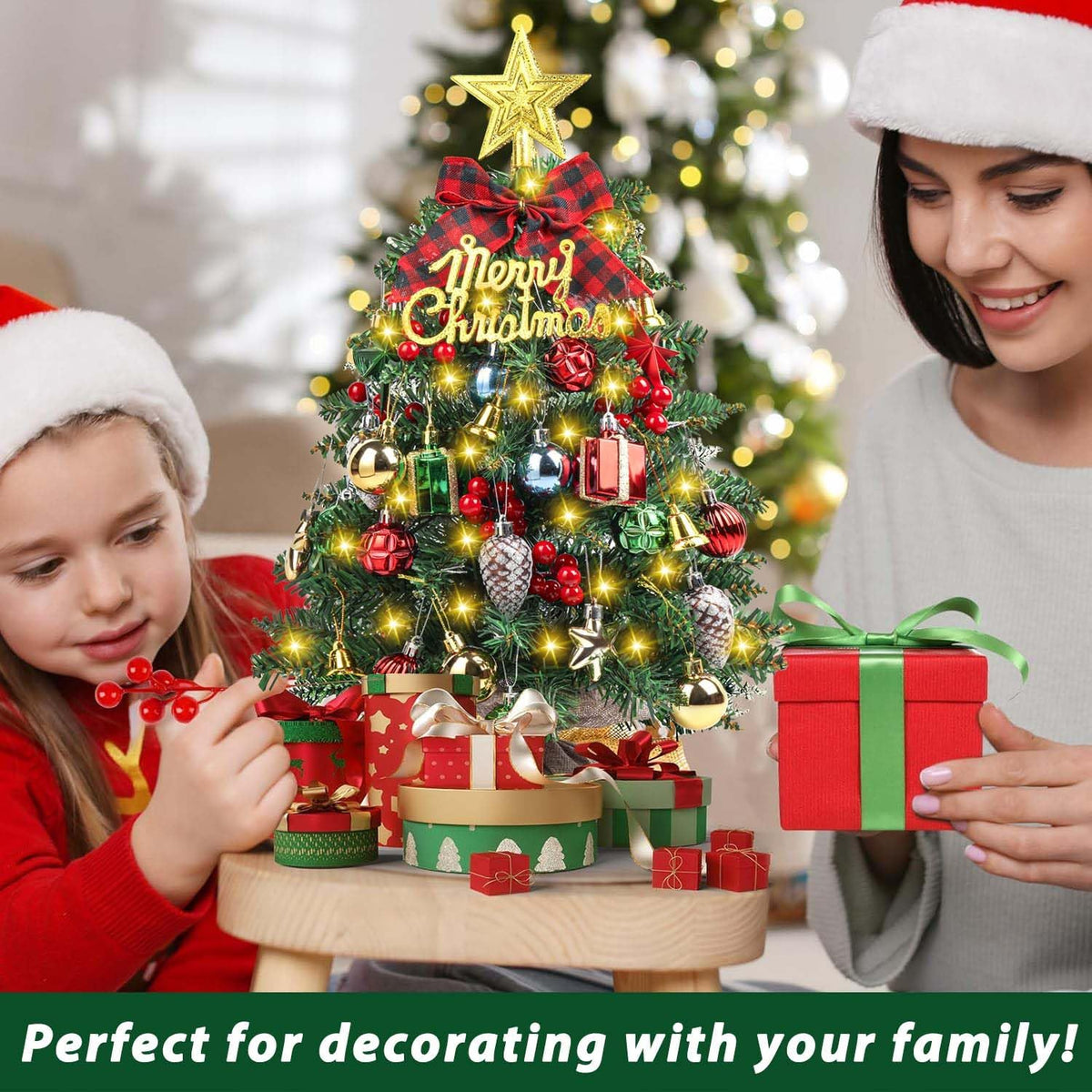 SVNVIOZ 2FT Small Tabletop Mini Artificial Christmas Tree with Lights, Red Green Ornaments - Xmas Tree for Holiday Home Decoration