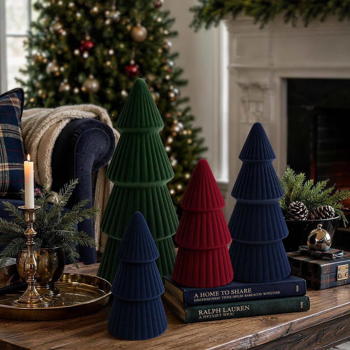 Christmas Decorations - Set of 3 Velvet Ceramic Christmas Trees (Green)