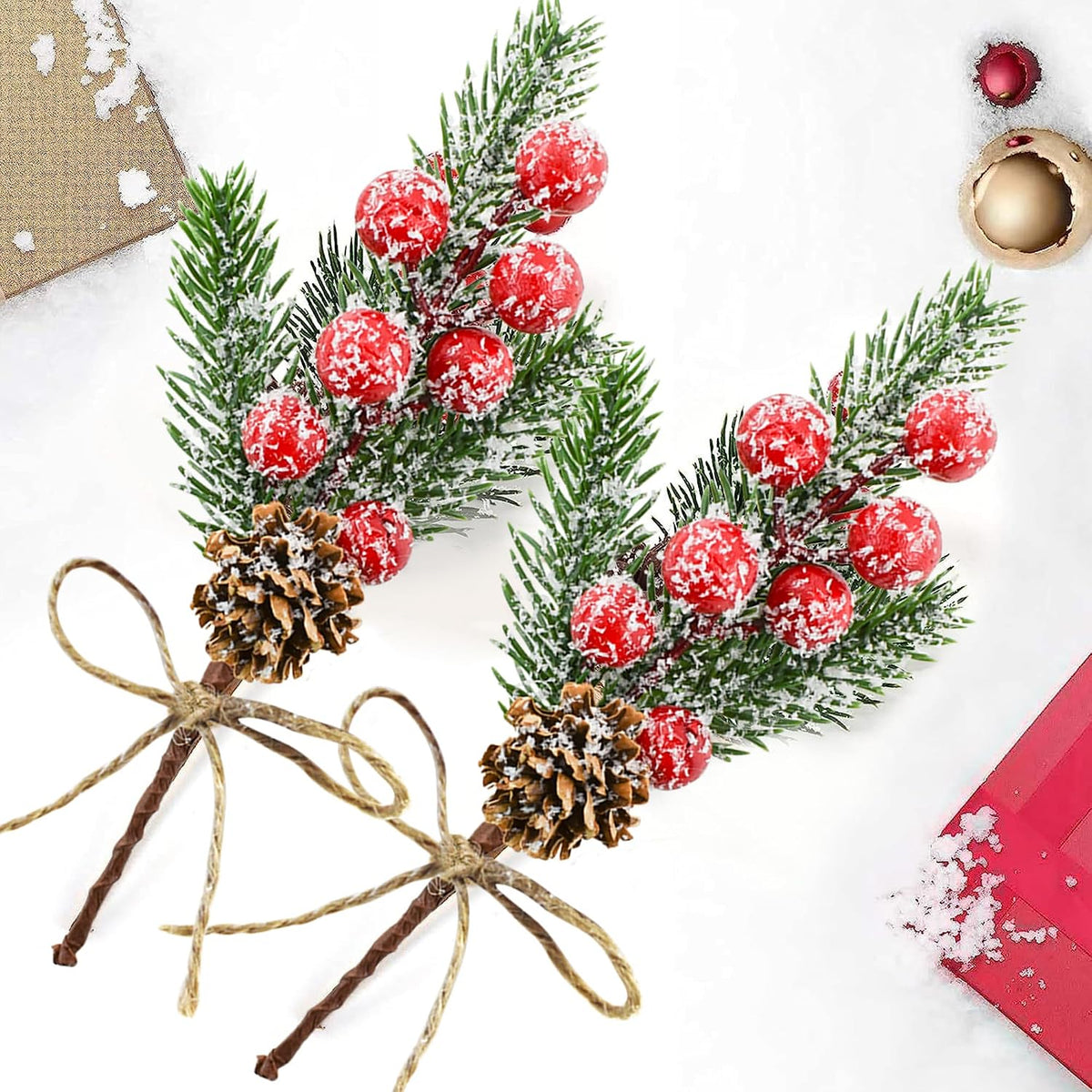 12PCS Christmas Berries Pine Cones Artificial Tree Picks Christmas Decorations with Snow Covered Evergreen Pine Branches for Holiday Family Gathering Craft Gift Wrap Decor