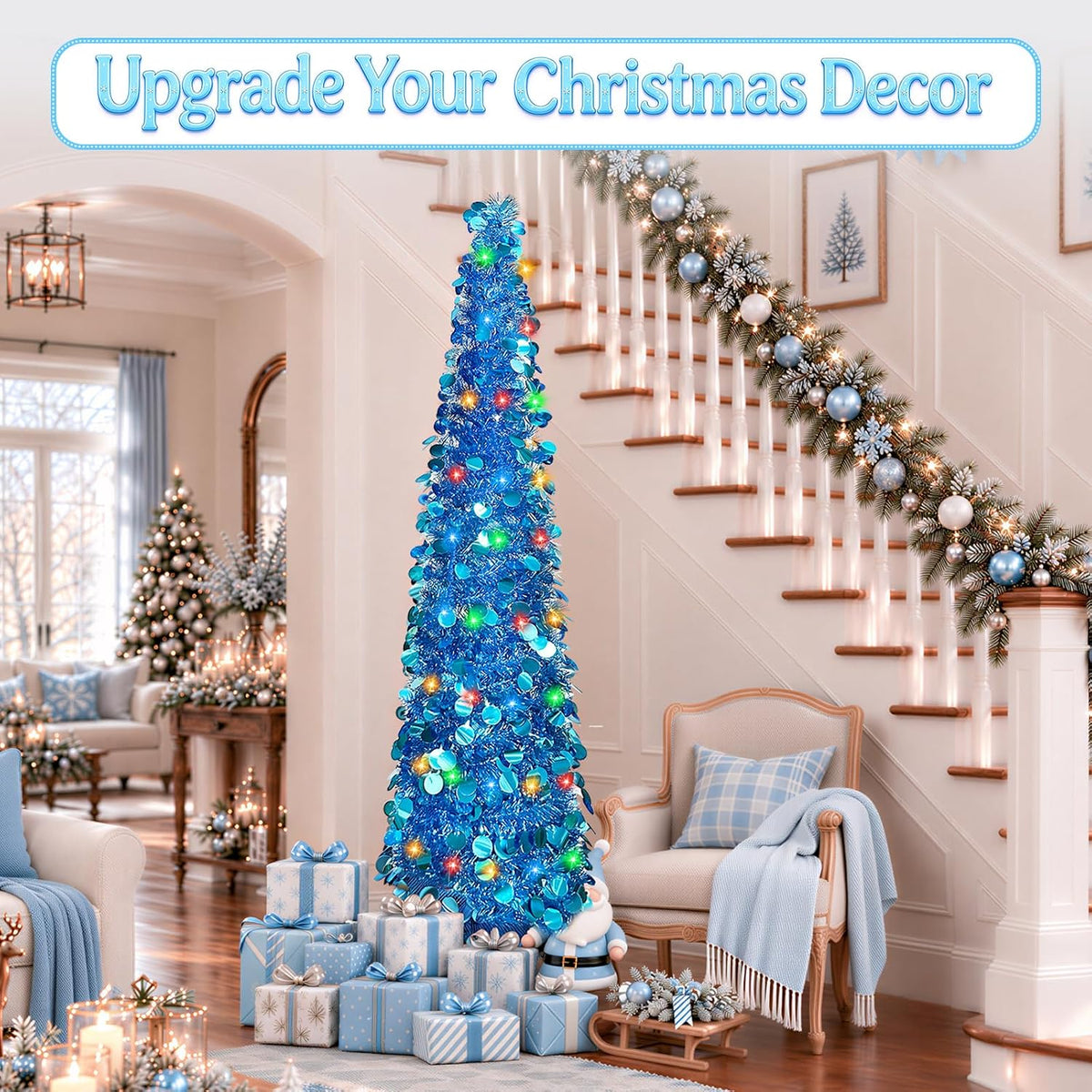 5 FT Pencil Christmas Tree, Collapsible Artificial Sequin Pop Up Christmas Tree, Skinny Pencil Tinsel Christmas Trees, Xmas Tree for Home Apartment Basement Fireplace (Pure Blue)