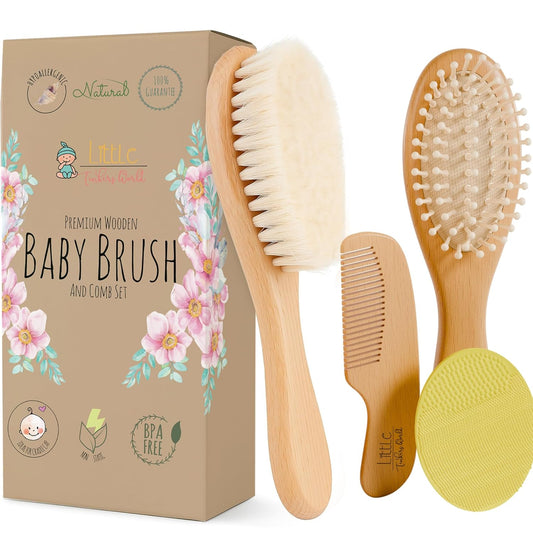 Baby Hair Brush and Comb Set 4-Piece Wooden Soft Bristle Infant Grooming Kit