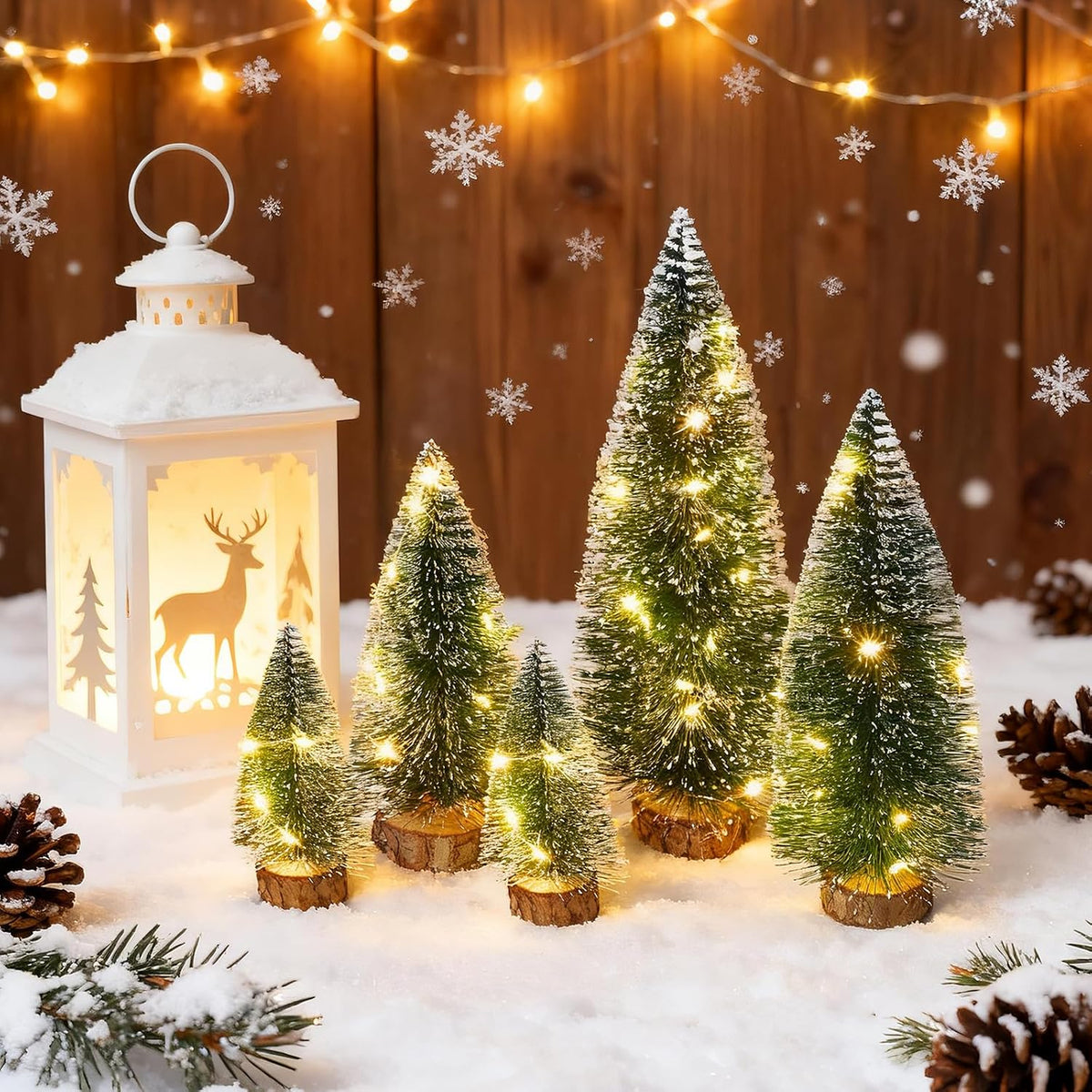 Mini Christmas Tree with Lights, Small Table Top Decorations, Desktop Miniature Pine Tree Xmas Holiday Decor Indoor Home, Bottle Brush Trees with Wooden Base, 6 Pcs with Light
