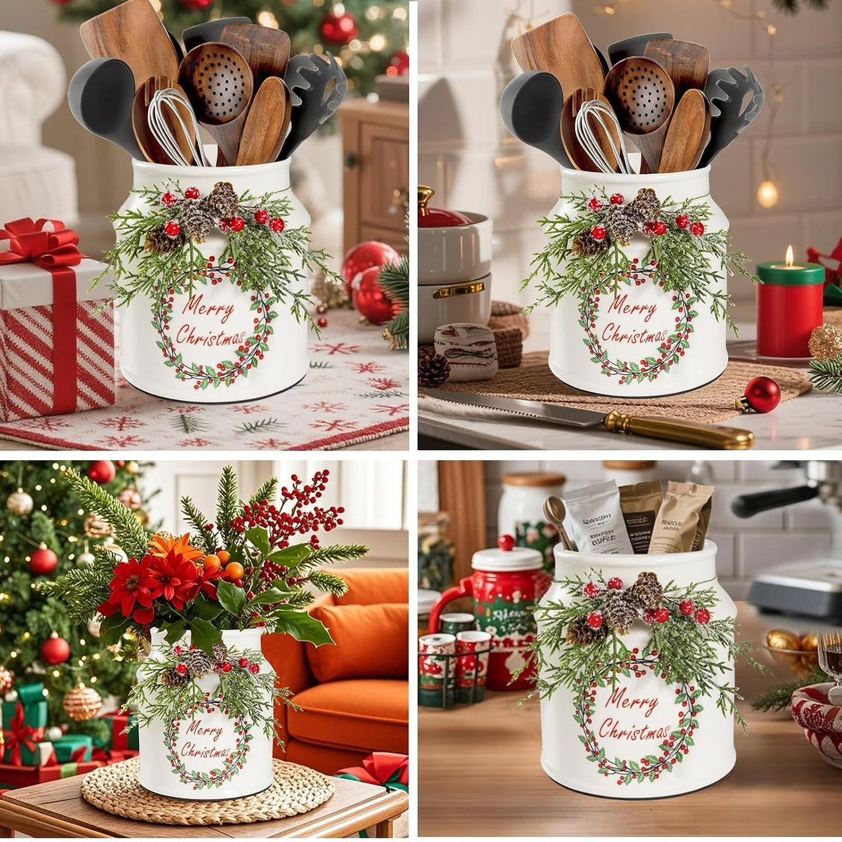 Christmas Utensil Holder with Artificial Pine Branches, Comes with Xmas Box