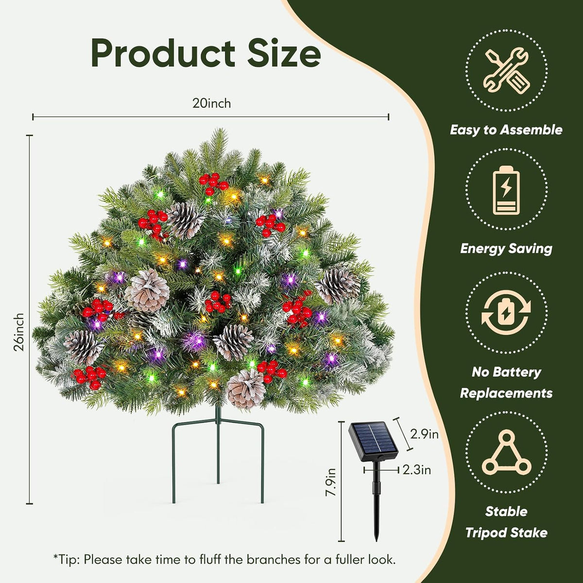 2-Pack Solar Christmas Tree Urn Filler, 26â€ Pre-lit Pathway Christmas Trees, Frosted Lighted Artificial Xmas Tree Solar-Power Outdoor DÃ©cor for House Yard, 8 Modes,50 LED Lights,Red Berries,Pine Cones