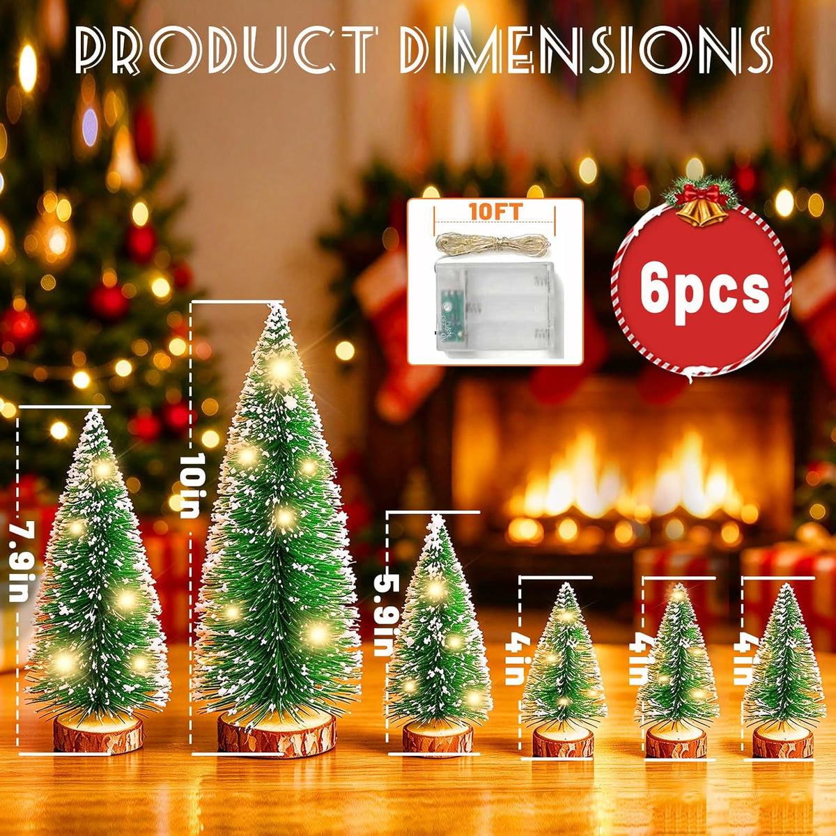 Mini Christmas Tree with Lights, Small Table Top Decorations, Desktop Miniature Pine Tree Xmas Holiday Decor Indoor Home, Bottle Brush Trees with Wooden Base, 6 Pcs with Light