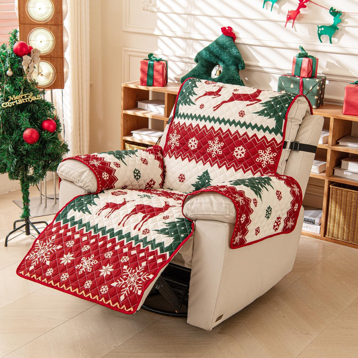 EVENHUG Christmas Sofa Cover for Festival Home Decorations Slipcover Furniture Protector Washable Couch Cover with Non Slip and Elastic Straps for Kids Pets Dogs (Recliner)