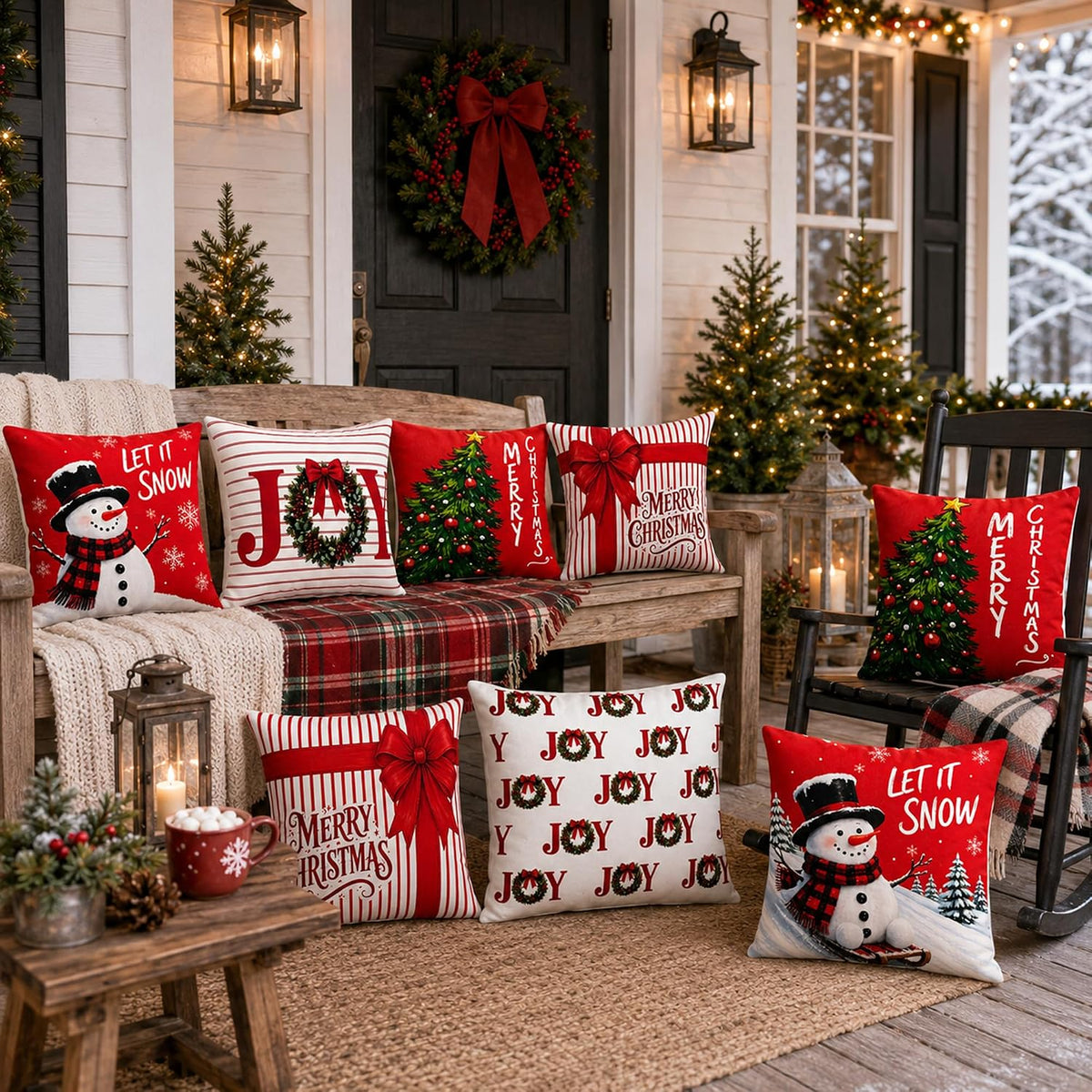 Christmas Decorations - Set of 4 Double-Sided Print Christmas Pillow Covers