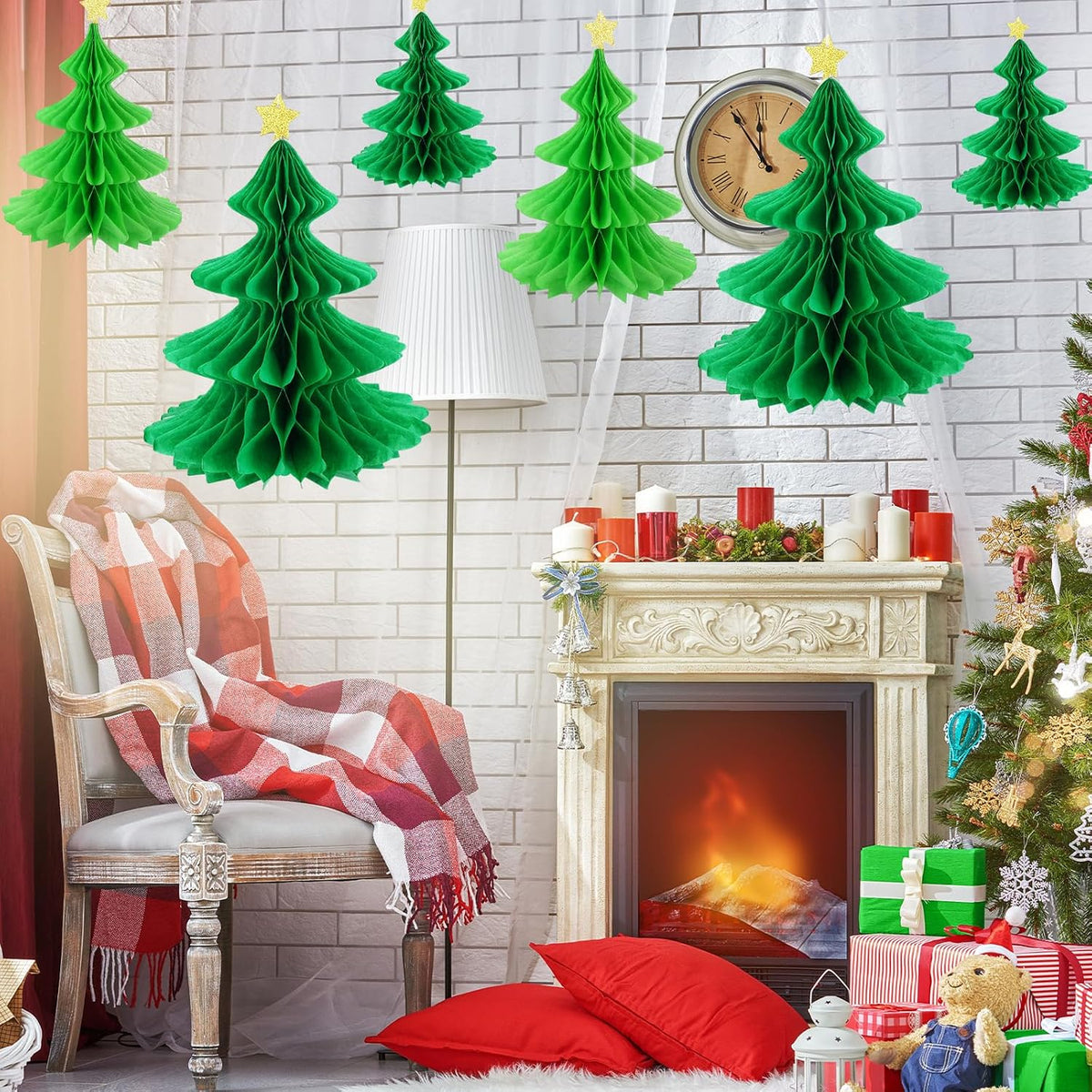 Whaline 6 Pack Christmas Honeycomb Paper Tree 3D Green Xmas Paper Trees Centerpiece Ceiling Hanging Tissue Pine Tree Star for Holiday Decoration, 3 Sizes