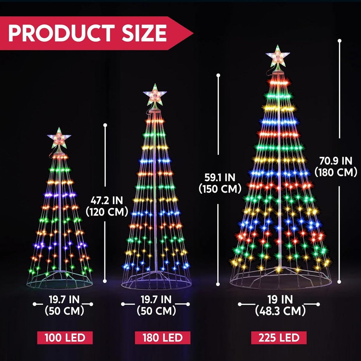JOYIN 3 Pack LED Christmas Cone Tree Lights, 4FT 5FT 6FT Outdoor Lighted Tree with 8 Lighting Modes & Star Topper, Christmas Decorations for Yard Porch Patio Garden Holiday Decor, Multicolor