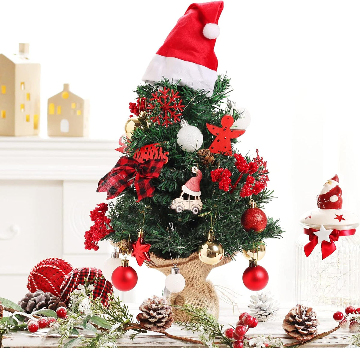 BSTCRAFT Mini Christmas Tree, 22 inches, Green, Artificial Tree with Lights, Santa Christmas Hat, Mini Christmas Ornaments for Tabletop Decorations