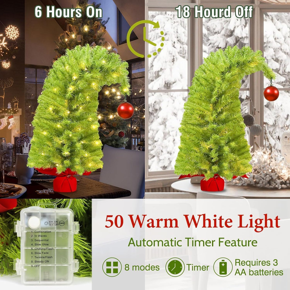 Whimsical Table Top Small Christmas Tree, 2 FT Bendable Lime Green Christmas Tree with Lights and Red Ball, Curved Shape Artificial Tabletop Tree for Home Office Holiday Party Decoration