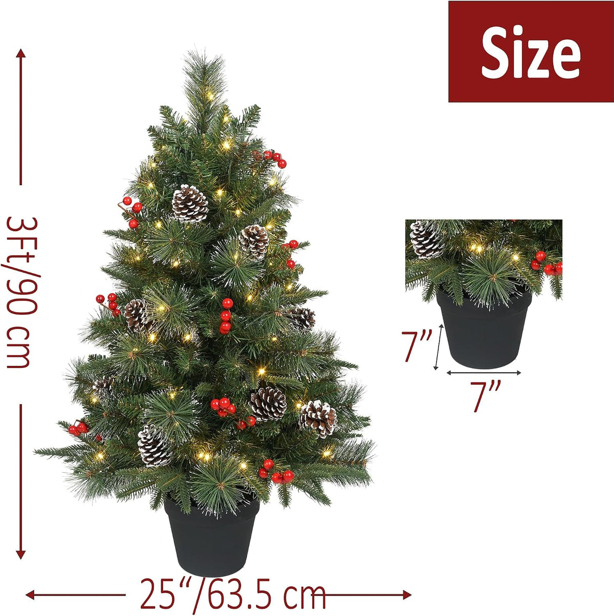 3Ft Pre-Lit Artificial Christmas Tree Tabletop with Battery Operated 70 Warm LED Red Berries Pine Cone Pine Needle, Greenery Potted Christmas Tree for Indoor, Porch, Outdoor