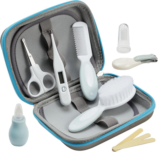 Little Angel Baby Grooming Kit 10-Piece Newborn Care Set with Hair Brush, Comb, Finger Toothbrush, Nasal Aspirator & More Infant & Toddler Essentials (Blue)