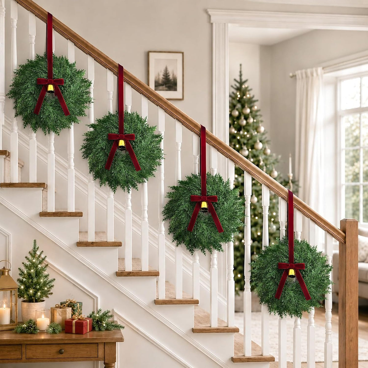 Christmas Decorations, Mini Christmas Wreaths for Cabinets with Bows Bells