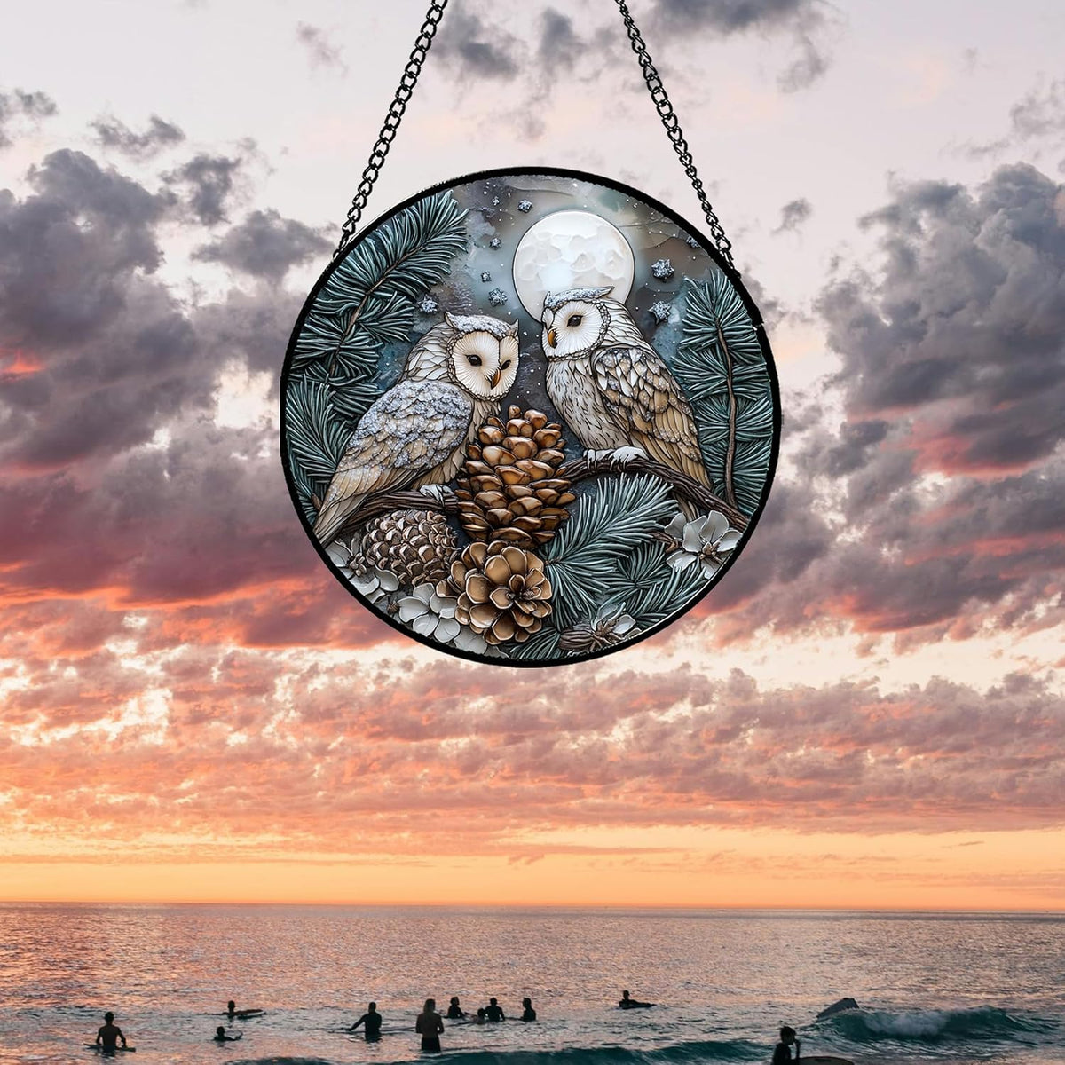 Owl Pinecones Forest Stained Glass Window Hanging Suncatcher Gifts 6.3"