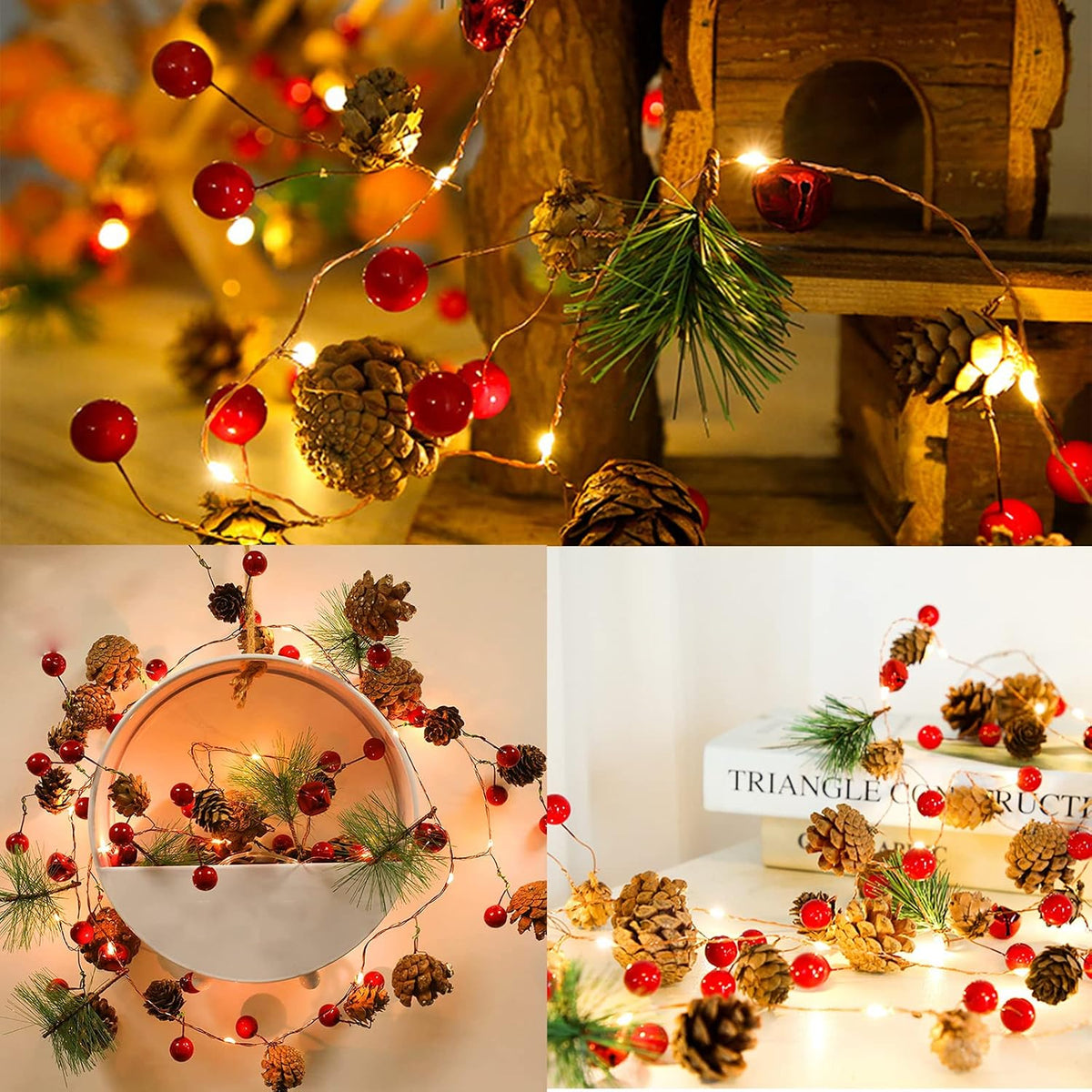 Christmas Garland with Lights, 10 Ft 30 LED Pine Cone Red Berry Decorations